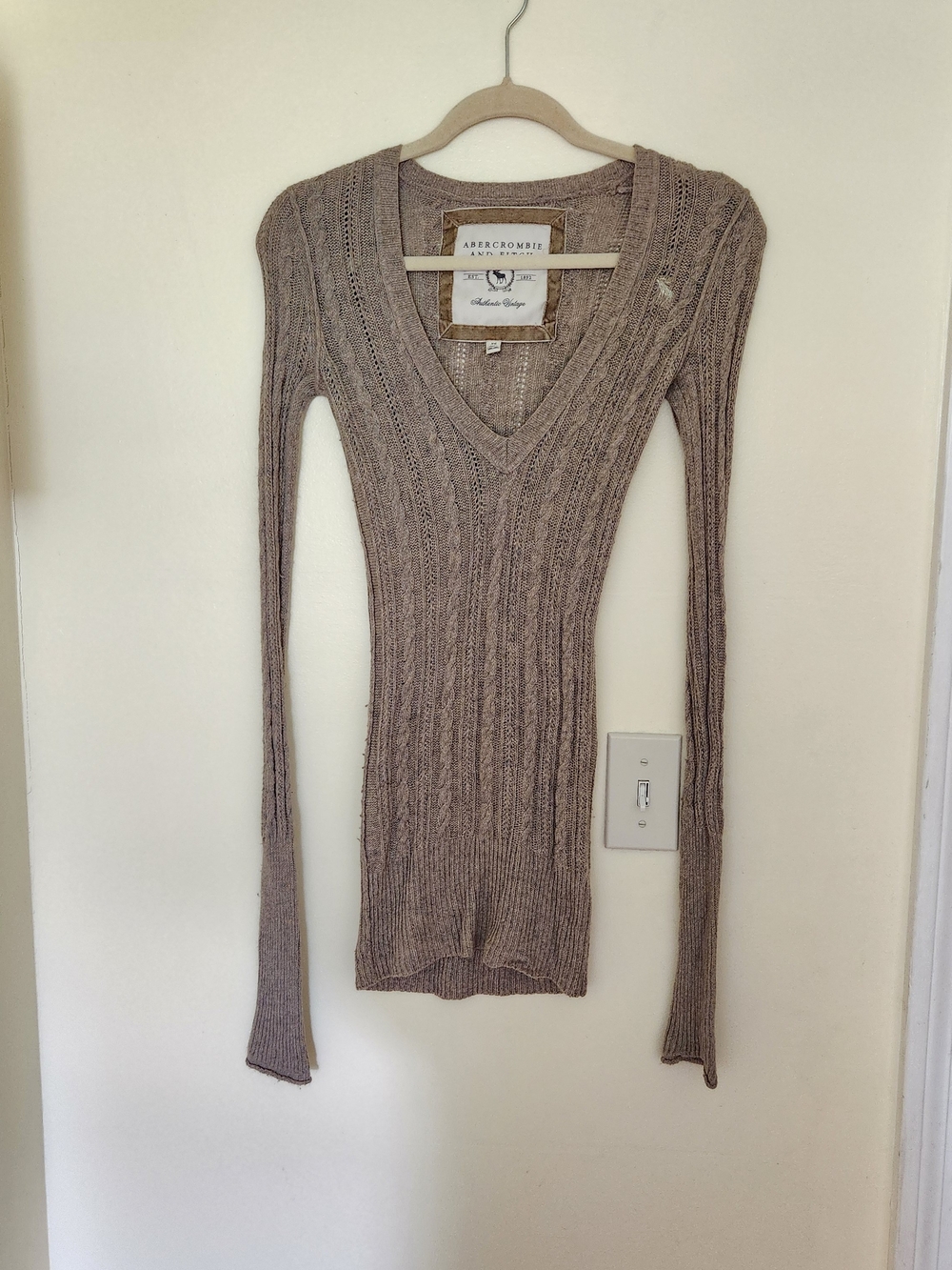 Y2K Abercrombie Cable Knit V Neck Angora Blend Long Sweater Moose Cream Tan XS